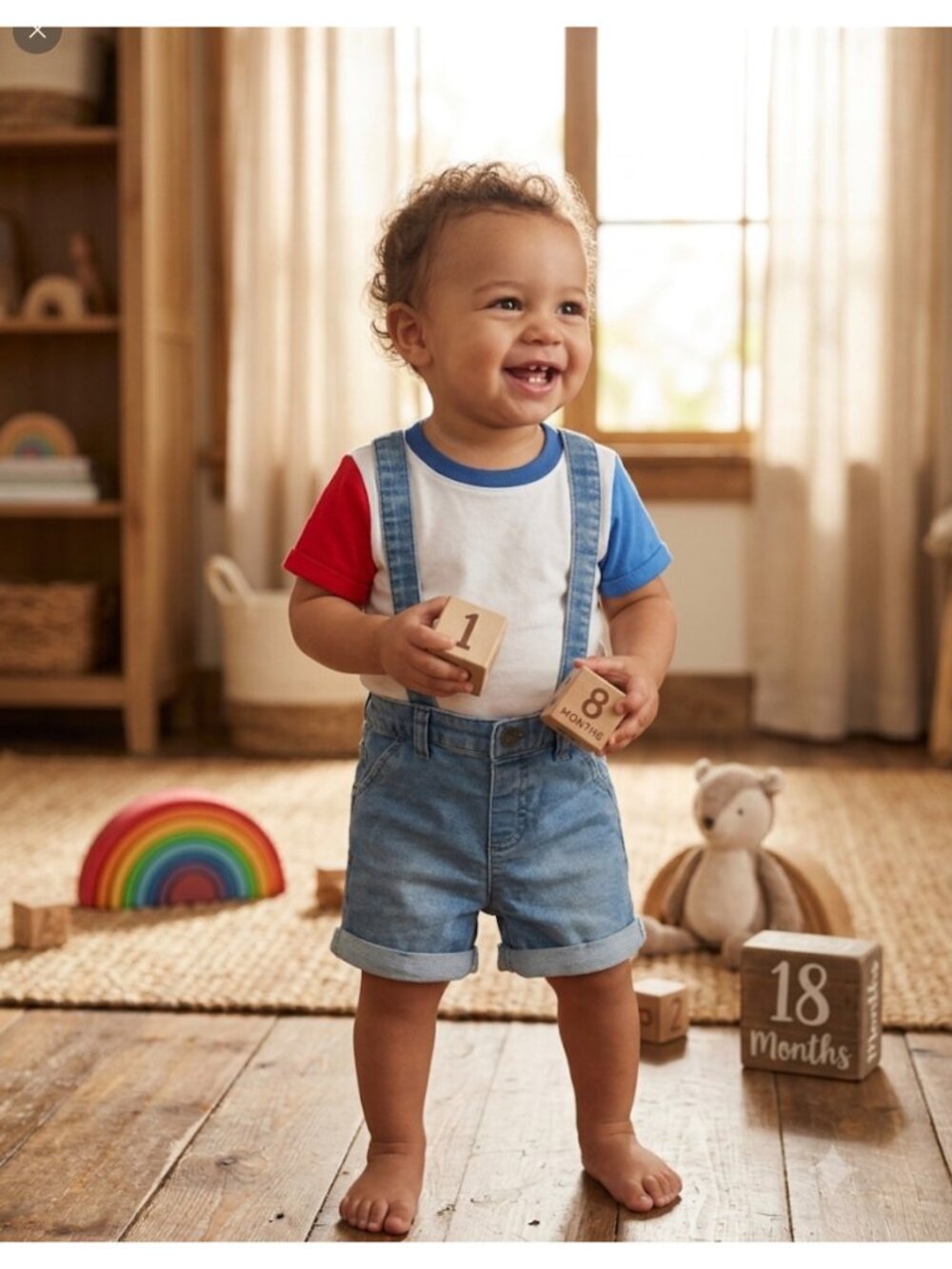 Cat & Jack Toddler Denim Suspender Shorts & Colorblock Bodysuit Set 18M